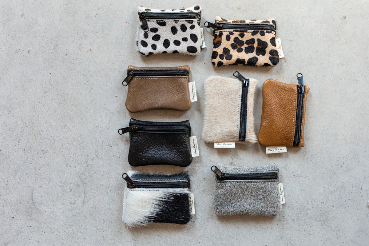 Porte-monnaie zippé en peau de vache zèbre, collection de porte-monnaie zippés en cuir et peau de vache
