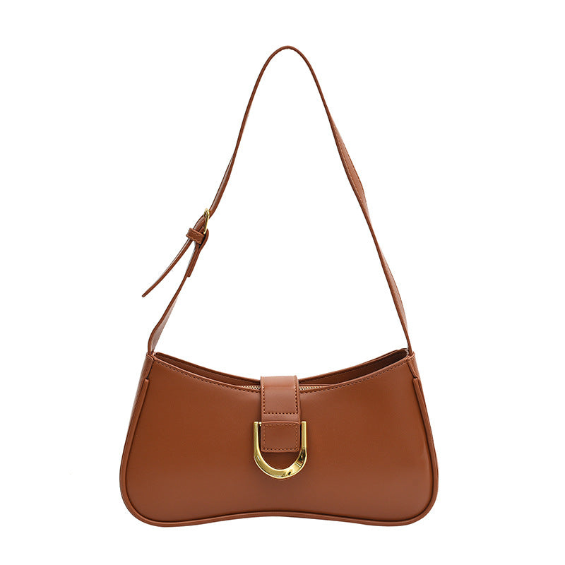 Petit sac à main femme trapèze camel, vue de face avec boucle dorée et anse d'épaule réglable