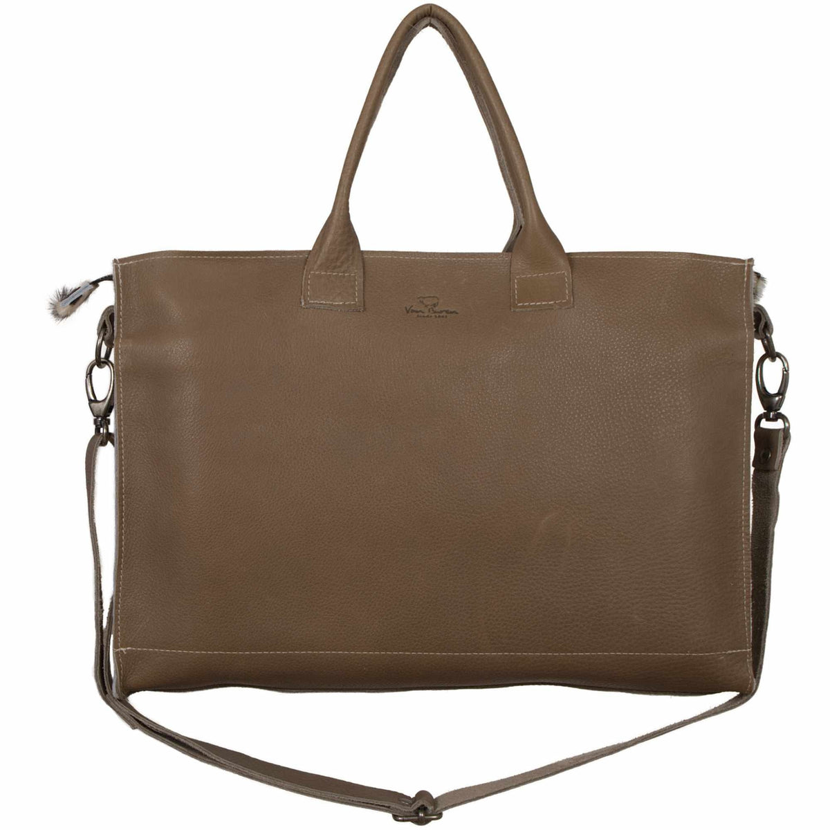 Sac à main ordinateur portable en cuir sable et peau de vache dalmatien, vu de face avec poignées et bandoulière